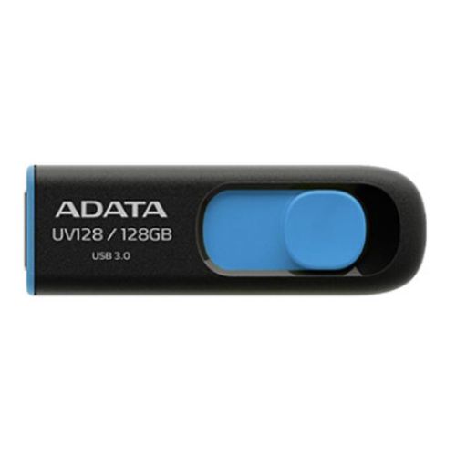 ADATA UV128 128GB USB 3.0 flash drive in black and blue, featuring a retractable capless design ADATA UV128 128GB USB 3.0 flash drive in black and blue, featuring a retractable capless design